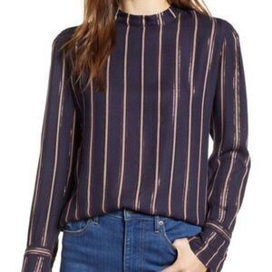 Hinge Navy Blue Metallic Stripe long sleeve Top size S